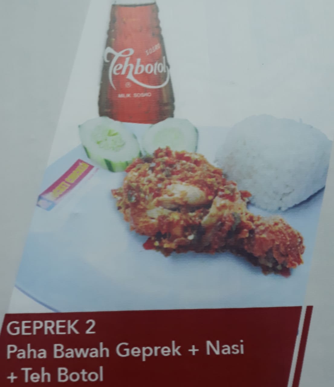 PAKET GEPREK 2 (Nasi, Paha Bawah Ayam Geprek, dan Teh Botol)